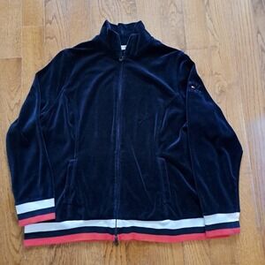 Tommy Hilfiger Women Navy Blue Velour Full Zip Track Jacket Red White Stripe 2X